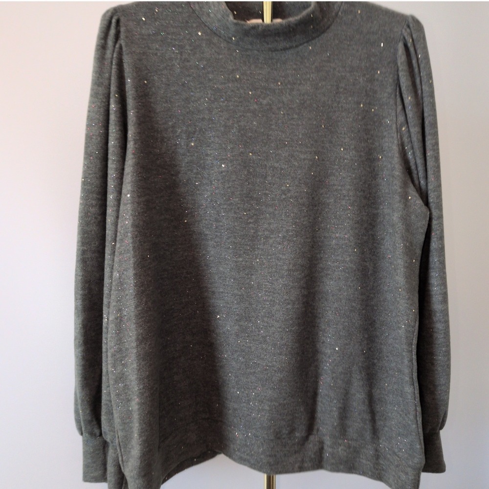 Plus Size PerfectPeach Sweater Women 2X Dusty Green Glitter Mock Neck PuffSleeve